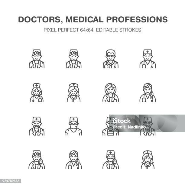 Doctors Professions Medical Occupations Surgeon Cardiologist Dentist Therapist Physician Nurse Intern Hospital Clinic Outline Signs Pixel Perfect 64x64 Stock Illustration - Download Image Now