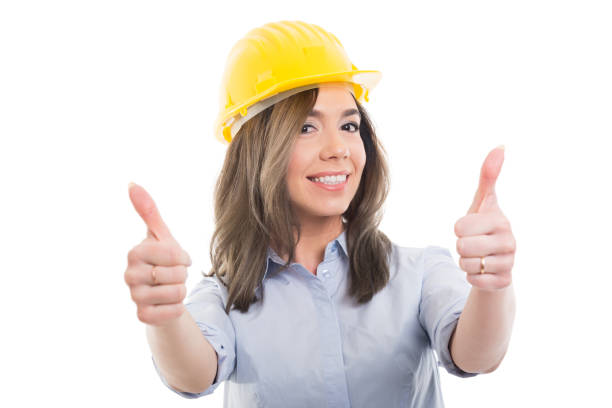 istock Portrait of female constructor showing double  like gesture 924796740