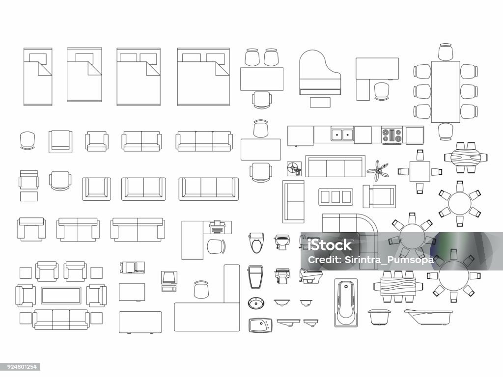 Vista superior do símbolo de contorno de elementos conjunto de móveis para quarto, cozinha, banheiro, sala de jantar e sala de estar. Interior do ícone cama, cadeira, mesa e sofá. - Vetor de Plano - Documento royalty-free