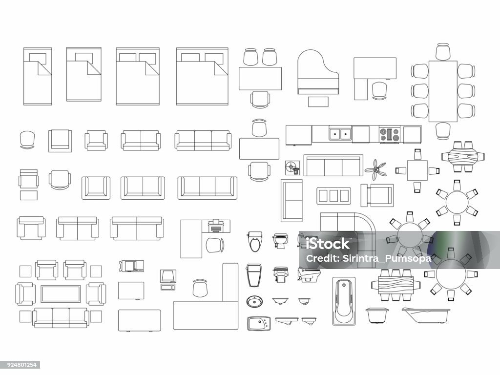 Top view of set furniture elements outline symbol for bedroom, kitchen, bathroom, dining room and living room. Interior icon bed, chair, table and sofa. Plan - Document stock vector