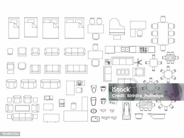 Top View Of Set Furniture Elements Outline Symbol For Bedroom Kitchen Bathroom Dining Room And Living Room Interior Icon Bed Chair Table And Sofa Stock Illustration - Download Image Now