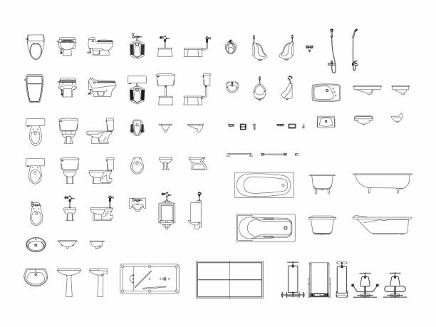 tampilan atas elemen furnitur yang ditetapkan menguraikan simbol untuk kamar mandi, toilet, toilet. ikon interior. - toilet perlengkapan rumah tangga yang terpasang ilustrasi stok