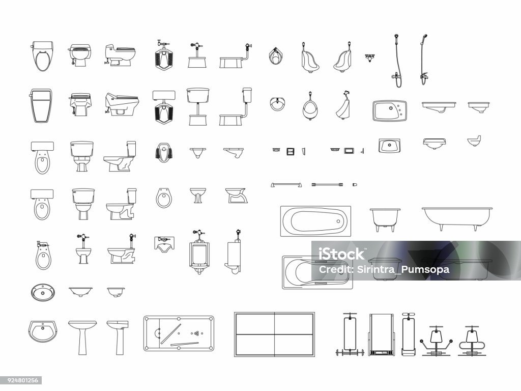 Top view of set furniture elements outline symbol for bathroom, toilet, restroom. Interior icon. Toilet stock vector
