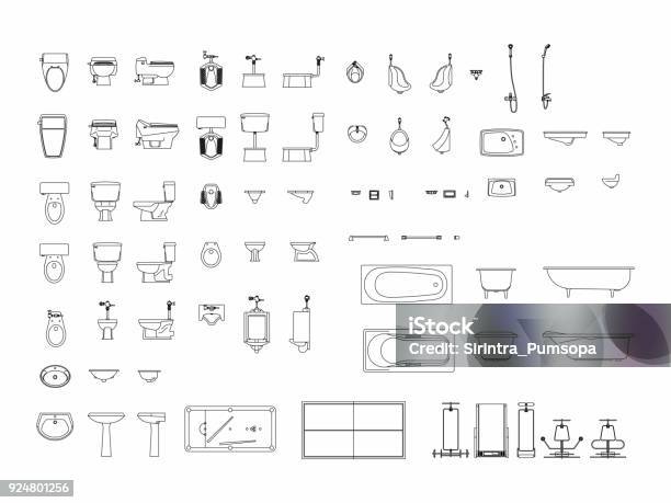 Top View Of Set Furniture Elements Outline Symbol For Bathroom Toilet Restroom Interior Icon Stock Illustration - Download Image Now