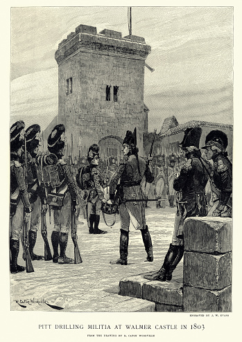 Vintage engraving of William Pitt the Younger drilling the militia at Walmer Castle, Kent, 1803