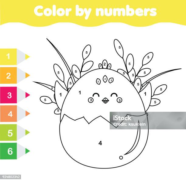 Easter Activity Children Educational Game Mathematics Actvity Color By Numbers Printable Worksheet Coloring Page With Cute Chicken Stock Illustration - Download Image Now