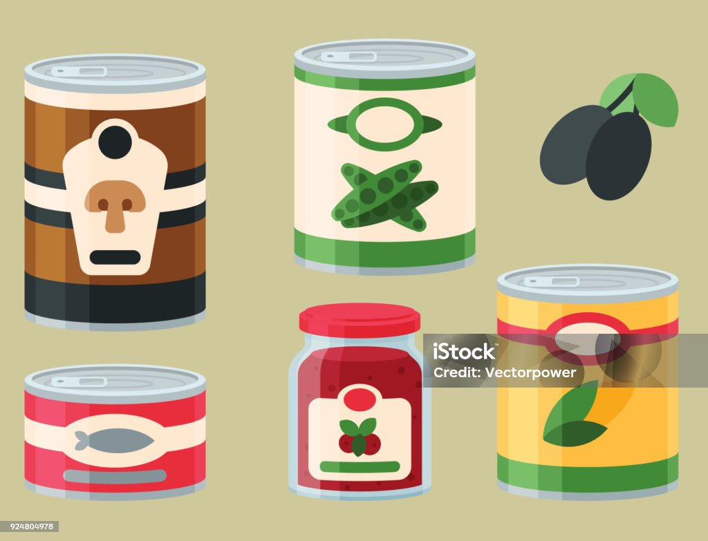 Collection of various tins canned goods food metal and glass container vector illustration Collection of various tins canned goods food metal conserve nutrition and glass container vector illustration. Grocery store product metallic packaging vegetable groceries. Can stock vector