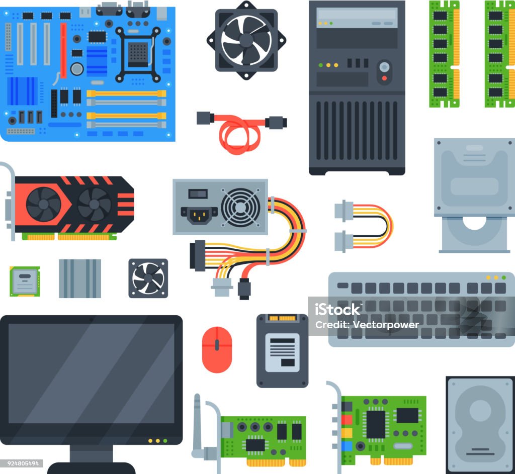 Computer accessories vector pc equipment motherboard memory and keyboard illustration computing set isolated on white background Computer accessories vector pc equipment motherboard memory and keyboard illustration computing set isolated on white background. Computer Part stock vector