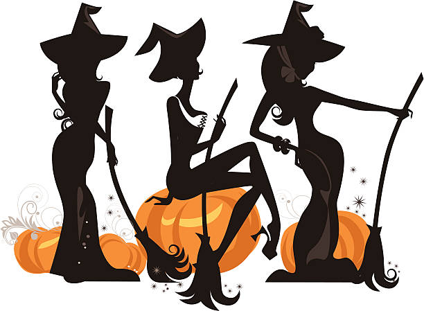 silhouette of three glamour witches vector art illustration