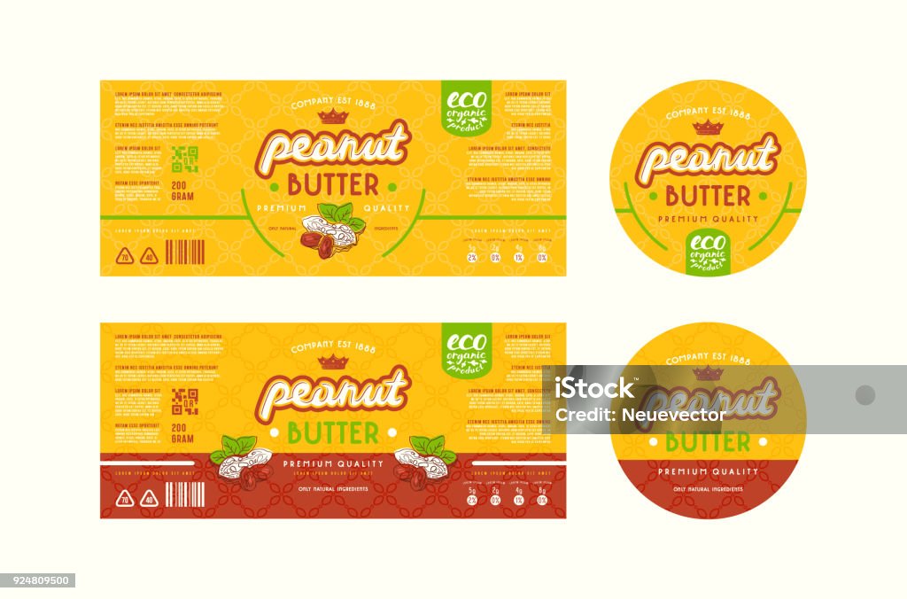 Set of templates label for peanut butter Set of templates label for peanut butter. Illustration with elements in handmade graphics and seamless pattern Nutrition Label stock vector