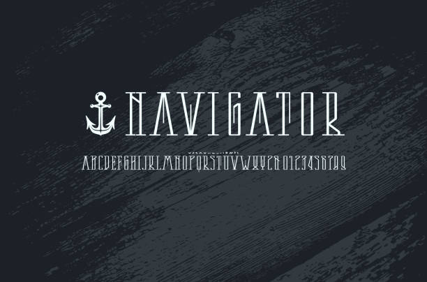 декоративный узкий шрифт засечек в морском стиле - alphabet customized characters number stock illustrations