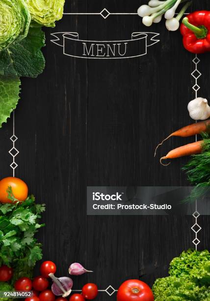 Black Chalkboard As Mockup For Restaurant Menu Stock Photo - Download Image Now - Chalkboard - Visual Aid, Menu, Vegetable