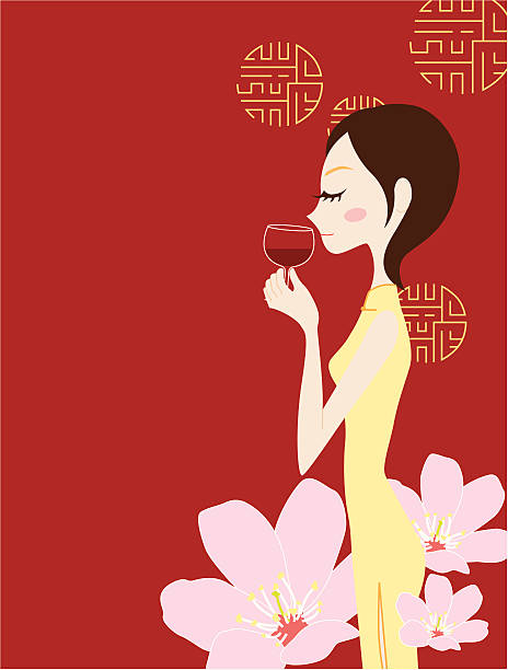 Chinese woman and red wine vector art illustration