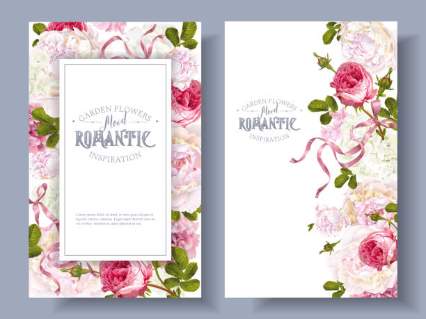 Romantic garden banners Vector vintage floral banners with peony, hydrangea, rose flowers and ribbon. Romantic design for natural cosmetics, perfume, women products. Can be used as greeting card. Best for wedding invitation anniversary card stock illustrations