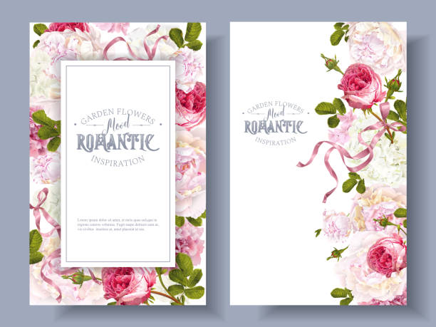 Romantic garden banners Vector vintage floral banners with peony, hydrangea, rose flowers and ribbon. Romantic design for natural cosmetics, perfume, women products. Can be used as greeting card. Best for wedding invitation floral menu card stock illustrations
