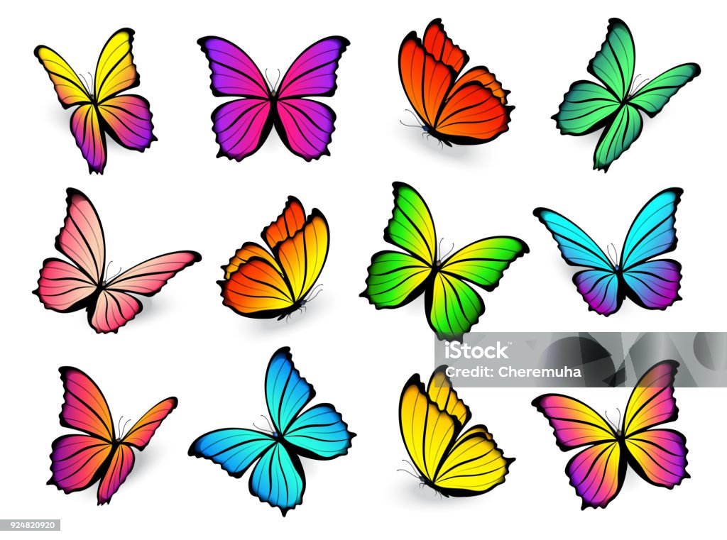 Butterfly multi-colored vector set. Butterflies isolated on white background. Vector flying colourful butterfly set with bright spring colours. Gradient beautiful icon collection. Butterfly - Insect stock vector