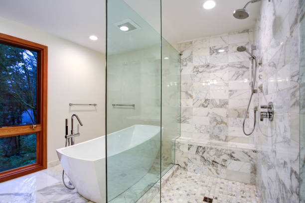 istock Sleek bathroom with freestanding bathtub and walk in shower 924821764