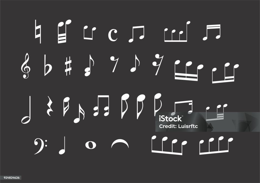 Set of musical notes Illustration of a set of musical notes on dark background Music stock vector