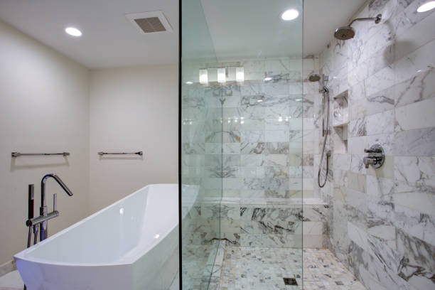 istock Sleek bathroom with freestanding bathtub and walk in shower 924824832
