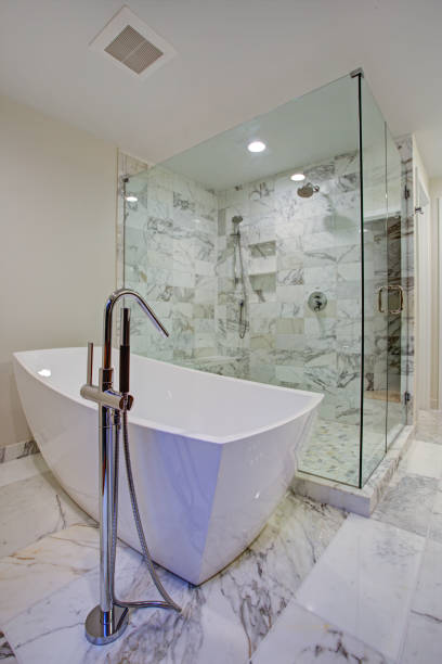 istock Sleek bathroom with freestanding bathtub and walk in shower 924824938