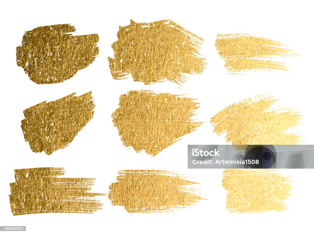 Vector gold paint smear stroke stain set. Abstract gold glittering textured art illustration. Gold - Metal stock vector