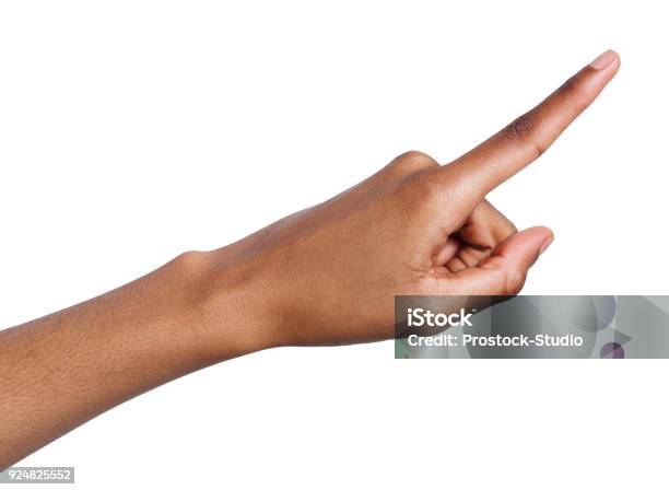 Hand Gestures Woman Pointing Away Isolated Stock Photo - Download Image Now - Pointing, Hand, Black Color