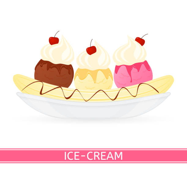Banana split ice-cream isolated Vector illustration of banana split isolated on white background. Ice cream dessert with syrup and cherry. whip cream dollop stock illustrations