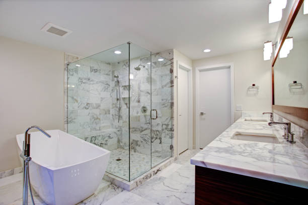 istock Sleek bathroom with freestanding bathtub and walk in shower 924828438