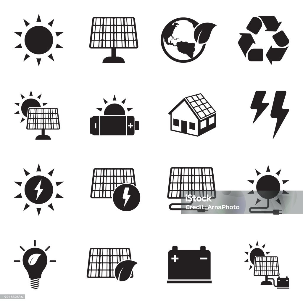 Solar Energy Icons. Black Flat Design. Vector Illustration. Solar Power Station, Industry, Factory, Construction Industry, Environment Icon Symbol stock vector