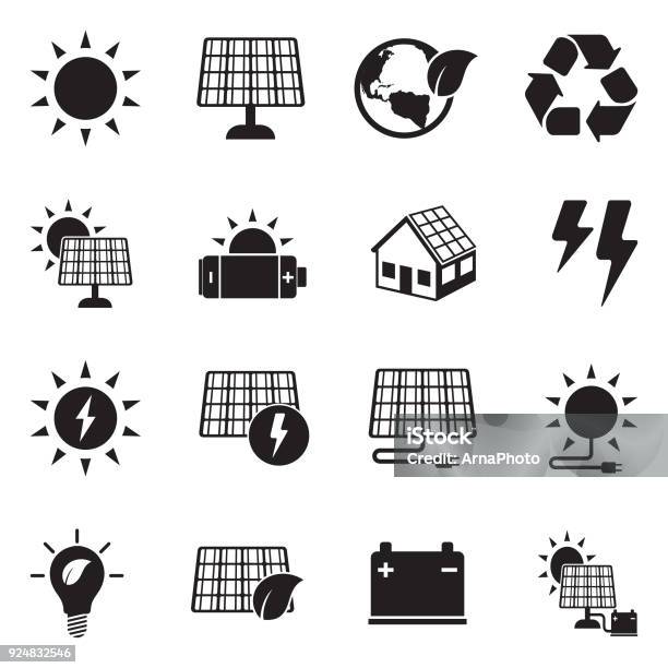 Solar Energy Icons Black Flat Design Vector Illustration Stock Illustration - Download Image Now