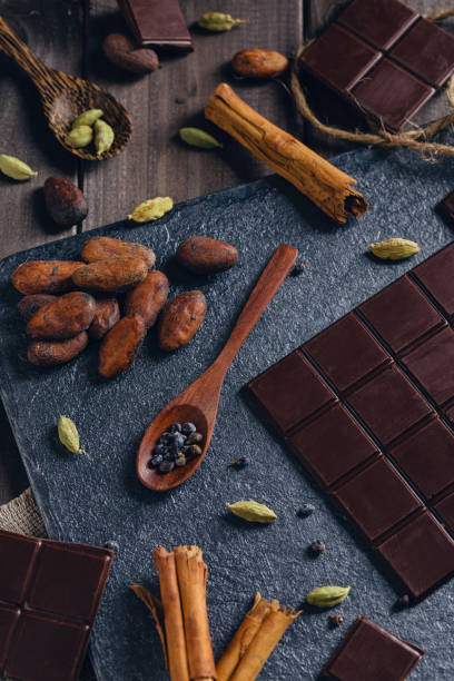 istock Top view of bitter chocolate with spices on dark background 924832788