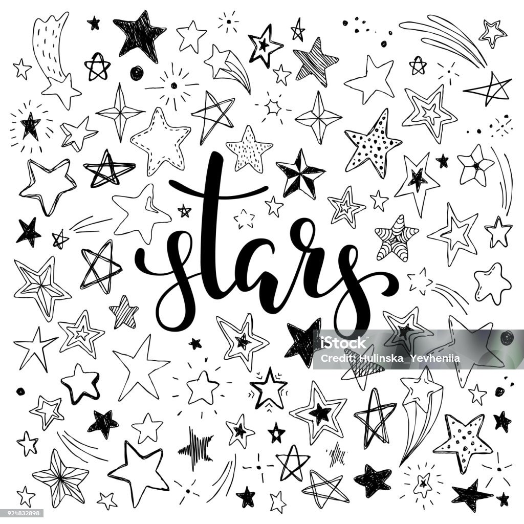 big set of hand drawn doodle stars black and white isolated on background. Hand drawn calligraphy stars lettering. big set of hand drawn doodle stars black and white isolated on background. Hand drawn calligraphy stars lettering Star Shape stock vector