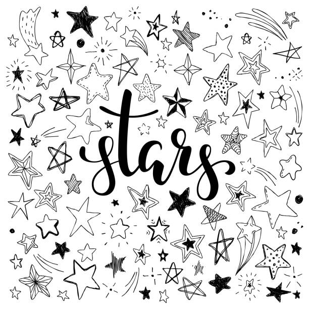 big set of hand drawn doodle stars black and white isolated on background. Hand drawn calligraphy stars lettering. big set of hand drawn doodle stars black and white isolated on background. Hand drawn calligraphy stars lettering meteor illustrations stock illustrations
