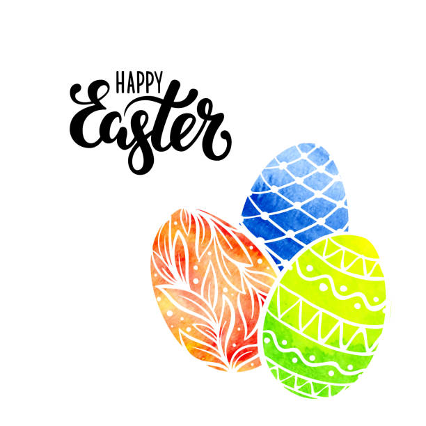 ilustrações de stock, clip art, desenhos animados e ícones de happy easter hand drawn calligraphy and brush pen lettering with watercolor eggs. design for holiday greeting card, invitation, posters, banners of the happy easter day. - easter text single word paint