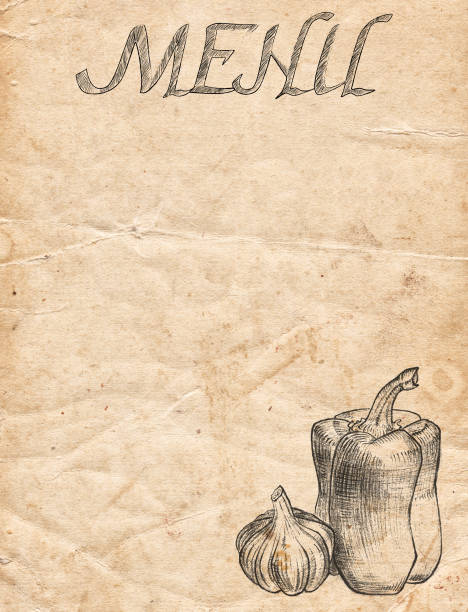 istock Old vintage paper with pepper and garlic. Restaurant Menu background 924833568