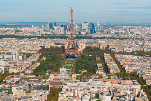 Eiffel Tower landmark and Paris cityscape from above, Paris France