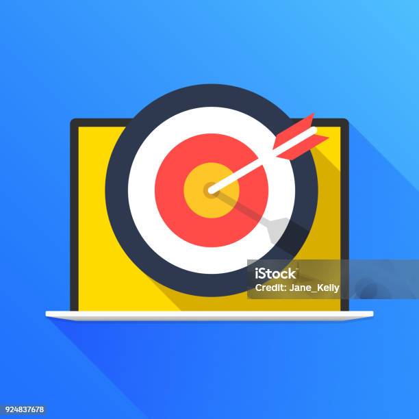 Laptop And Target With Arrow Targeting Target Marketing Seo Concepts Modern Flat Design Graphic Elements Long Shadow Style Vector Illustration Stock Illustration - Download Image Now