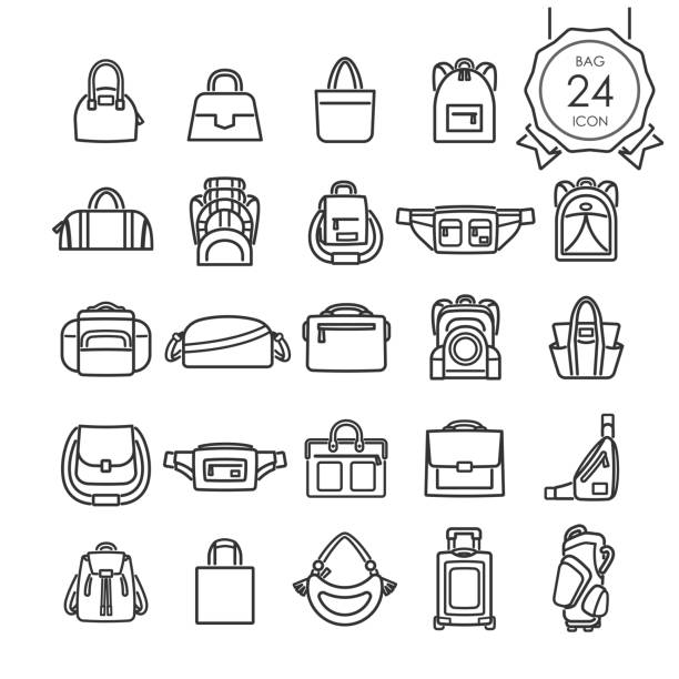 schwarze linie symbole reihe von taschen für website isoliert auf weißem hintergrund, vektor-illustration. - handtasche stock-grafiken, -clipart, -cartoons und -symbole