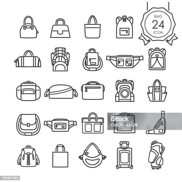 Black Line Icons Set Of Bags For Website Isolated On White Background Vector Illustration Stock Illustration - Download Image Now