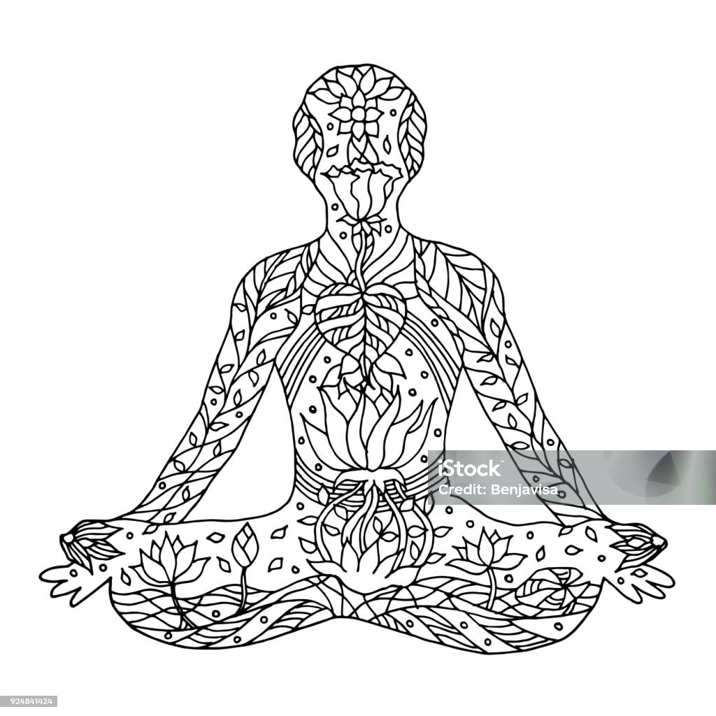 Lotus Pose with mudra hands, yoga position posture, hand drawn vector, 7 chakra flower floral symbol concept Zen-like stock vector