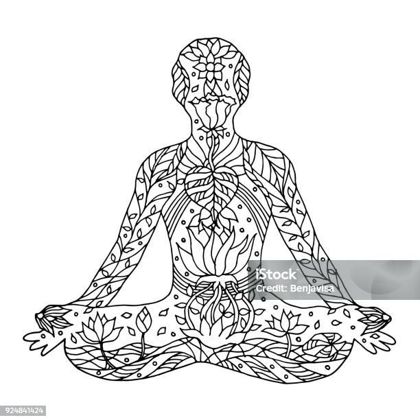 Lotus Pose With Mudra Hands Yoga Position Posture Hand Drawn Vector 7 Chakra Flower Floral Symbol Concept Stock Illustration - Download Image Now