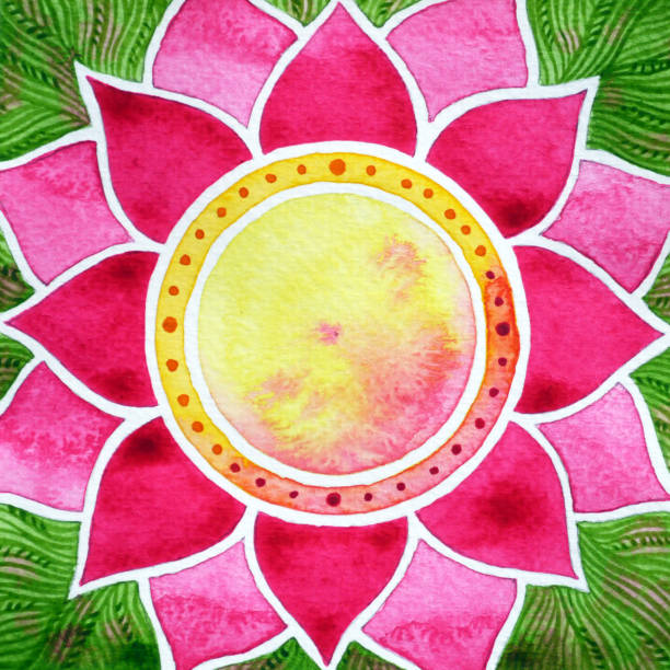 pink lotus und grünes blatt von chakra zu unterzeichnen, symbol, aquarell gezeichneten handsymbol, illustration design - thai culture thailand painted image craft product stock-grafiken, -clipart, -cartoons und -symbole