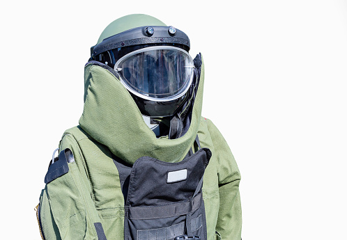 Protective suit for demining on white background.