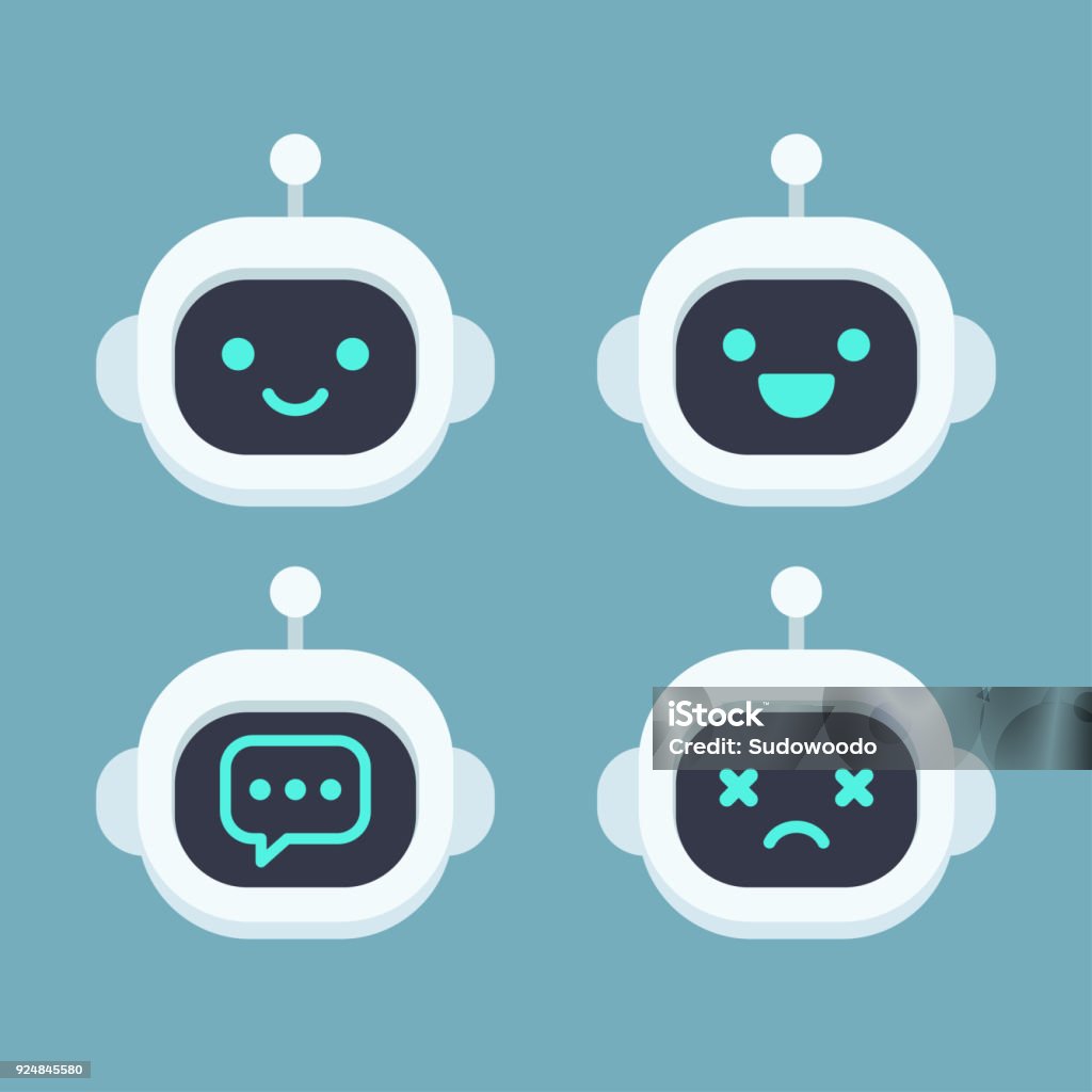 Cute robot face set Cute robot head avatar set. Chat bot vector icon with different faces. Robot stock vector