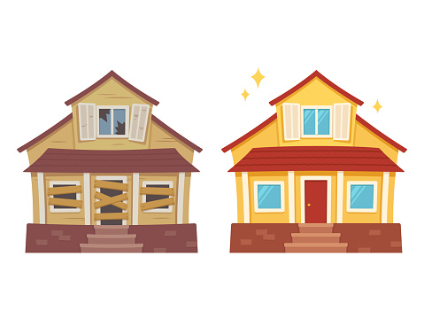 Fixer upper home renovation before and after. Old run-down house remodelled into cute traditional suburban cottage. Isolated vector illustration, flat cartoon style.