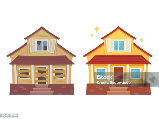 House Renovation Before And After Stock Illustration - Download Image Now - House, Old, Residential Building