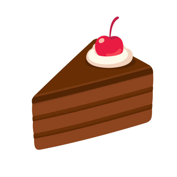 Piece of chocolate cake Piece of layered chocolate cake with maraschino cherry. Hand drawn cake slice isolated illustration. maraschino cherry stock illustrations