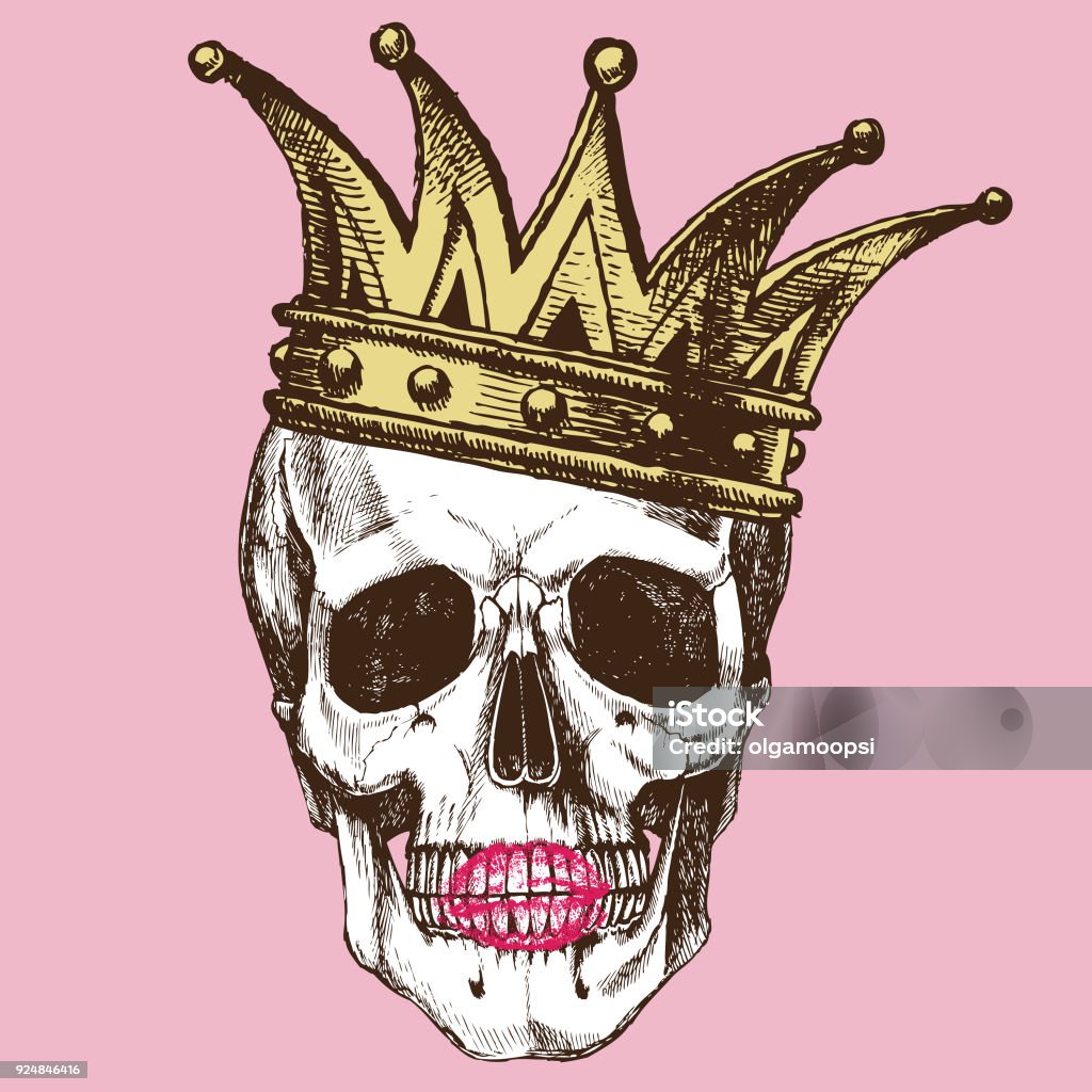 King of death. King of death. Portrait of a skull with a crown and lipstick. Vector rock illustration for your fashion design. Skull stock vector