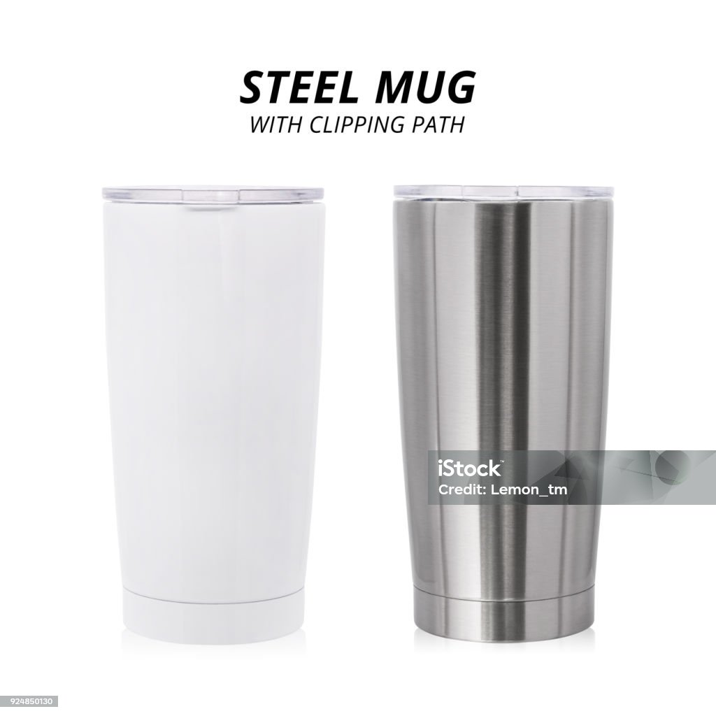 鋼マグカップは、白い背景で隔離。水容器の設計のためのテンプレートです。(クリッピング パス) - グラスのロイヤリティフリーストックフォト