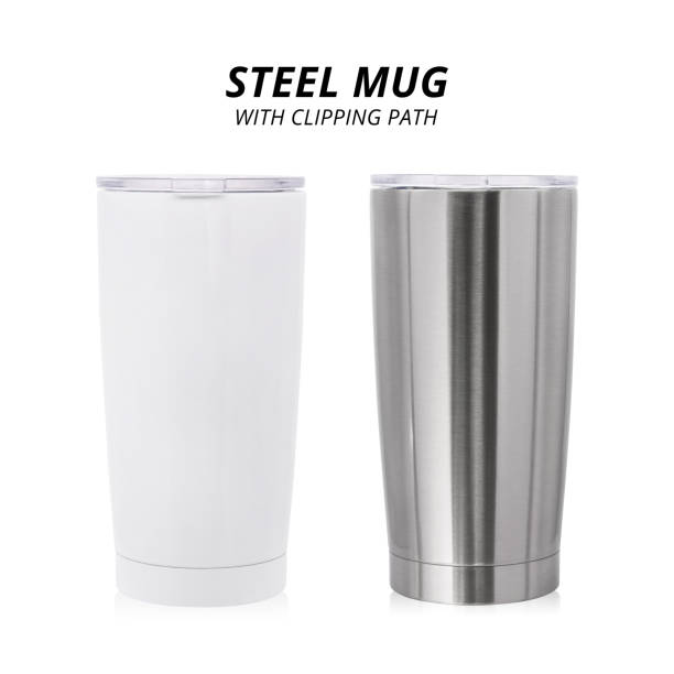 Steel mug isolated on white background. Template of water container for design. ( Clipping path ) Steel mug isolated on white background. Template of water container for design. ( Clipping path ) hot spring stock pictures, royalty-free photos & images
